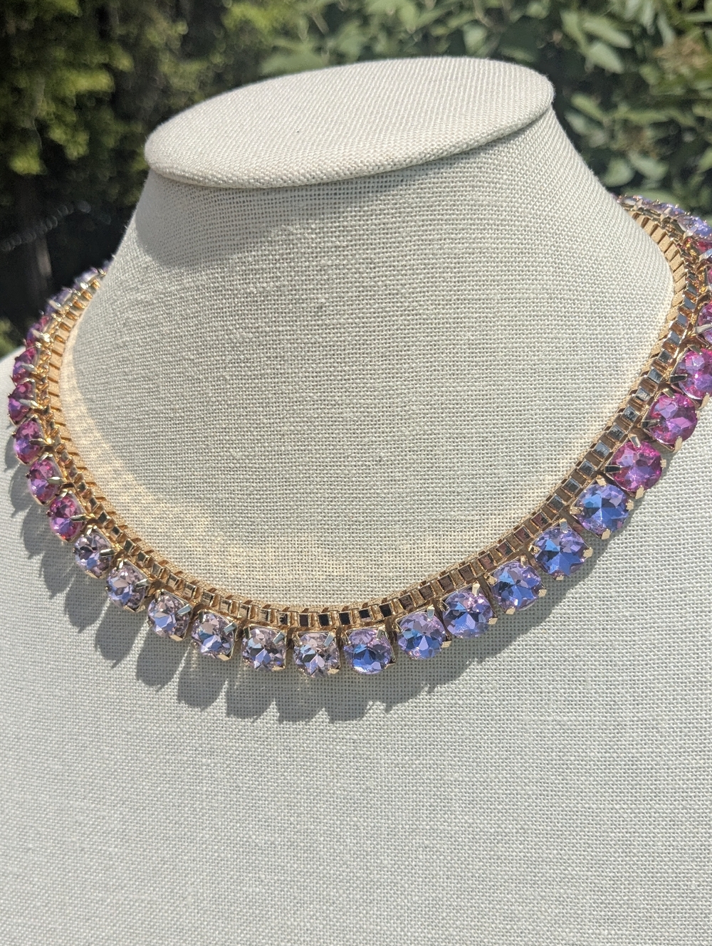 Gold Tone Pink Purple Crystal Necklace Adjustable 18–21” Lightweight Statement